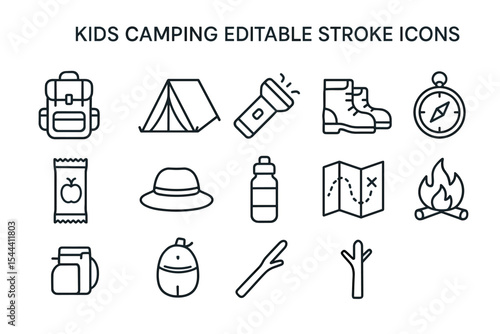 Kids camping editable stroke icons: backpack, tent, flashlight, boots, compass