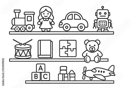 Black and white illustration of toys on shelves with train, doll, car, and robot