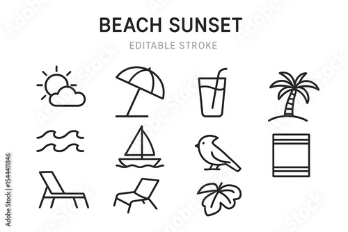 Beach sunset icon set with tropical elements and summer symbols