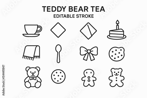 Teddy bear tea party icons: teacup, cake, bow, cookies, teddy bears