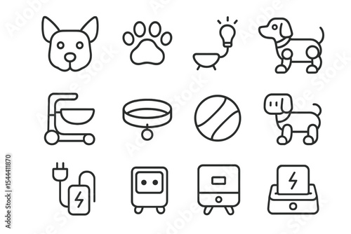 Various dog-themed icons including paw print, dog collar, and robot dog illustrations