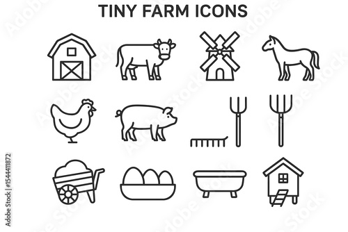 Simple farm icons: barn, cow, windmill, horse, chicken, pig, tools, wheelbarrow, eggs, bathtub, shed