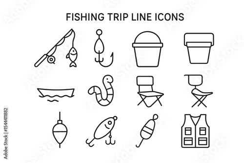 Fishing trip icon set: rod, fish, hook, bucket, boat, worm, chair, lure, life vest