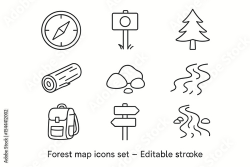 Forest map icons set with compass, pine tree, trail, backpack, log, signpost, rocks