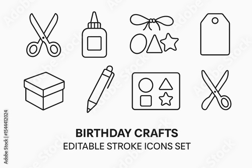 Birthday crafts icon set: scissors, glue, bow, shapes, tag, box, pen