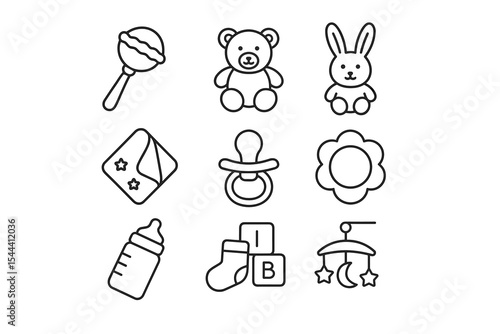 Baby essentials icons: rattle, teddy, rabbit, blanket, pacifier, flower, bottle, sock, mobile
