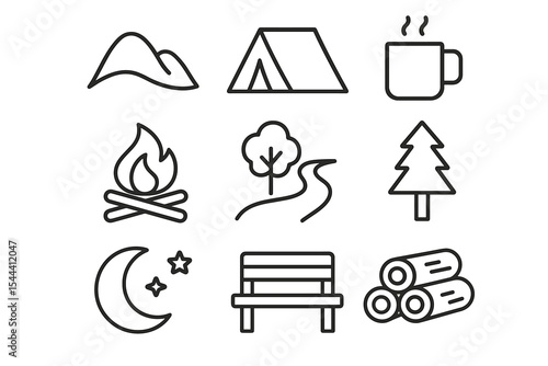 Outdoor camping icons: tent, campfire, trail, and nature symbols