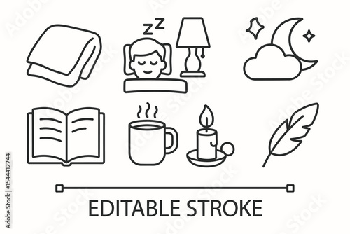 Sleep and relaxation icons set featuring lamp, cloud, book, mug, candle, feather