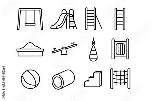 Playground equipment icons: swing, slide, sandbox, seesaw, ladder