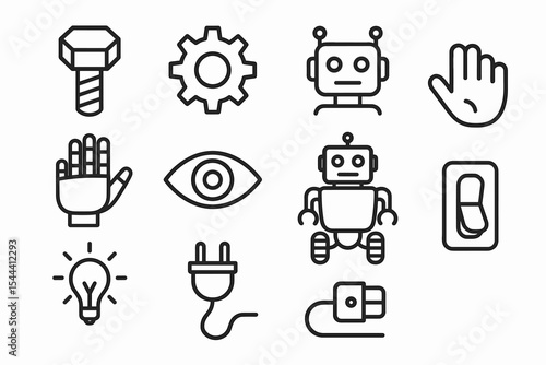Black and white line icons: robot, gear, hand, eye, light bulb, plug, and switch