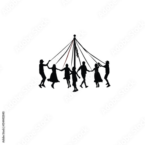 Silhouette of people holding hands, dancing around a maypole on white background