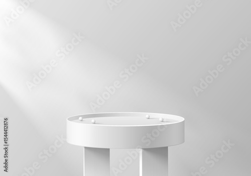 3D white round podium background with natural lighting, shadow on wall. Abstract geometric composition minimalist design. Studio display showroom product pedestal, Fashion stage showcase mockup scene.