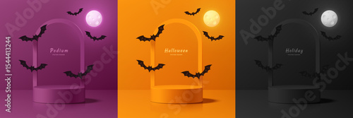 Set of 3D orange, purple and black podium background in Halloween festival with flying bat. Abstract minimalist design. Studio display showroom stands product pedestal, Stage showcase mockup scene.