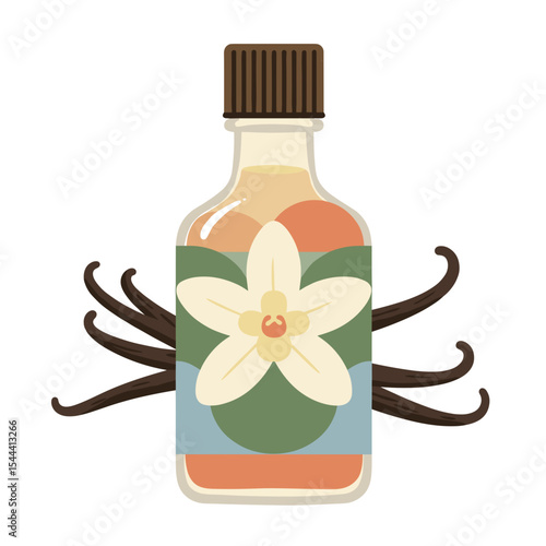 Vanilla extract bottle with flower and pods in pastel style