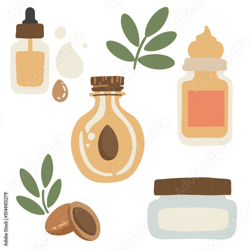 Set of natural cosmetic containers with argan elements in flat style