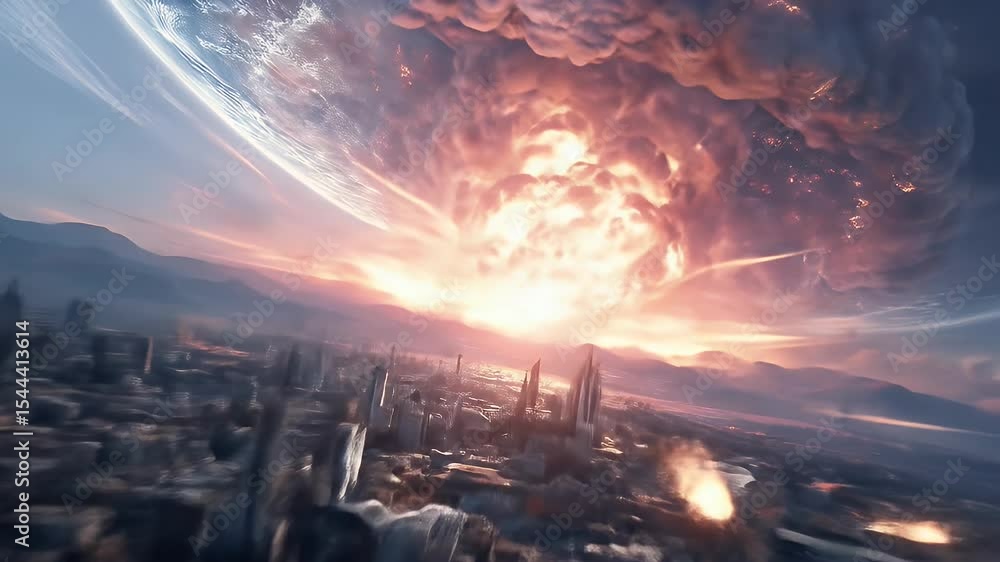 Dramatic Aerial View of Exploding Celestial Body Above Cityscape Under Pink and Blue Sky During Sunset Creating a Dystopian Science Fiction Scenery Dramatic Aerial View of Exploding Celestial Body Above Cityscape Under Pink and Blue Sky During Sunset Creating a Dystopian Science Fiction Scenery