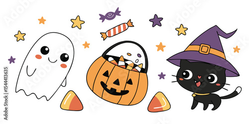 Cute halloween illustration featuring a ghost pumpkin bucket black cat stars and candy decorations