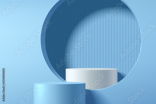 3D blue podium background and White podium in circle window. Abstract composition minimalist design. Studio display showroom cosmetic stand product pedestal, Fashion stage showcase mockup wall scene.