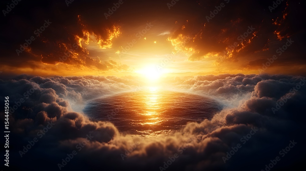 Obraz premium Celestial Sunset Ocean above clouds, fiery sky, spiritual hope