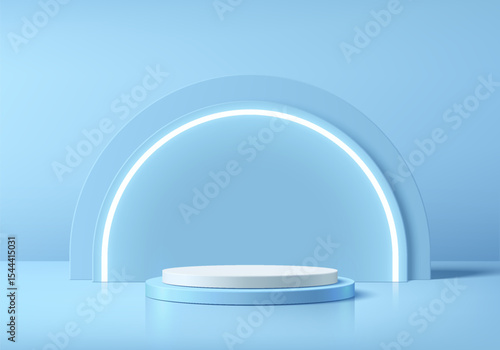 Blue round podium 3D background with semi-circle neon lighting backdrop. Abstract composition in minimalist design. Studio display showroom stands product pedestal, Fashion stage showcase mockup scene