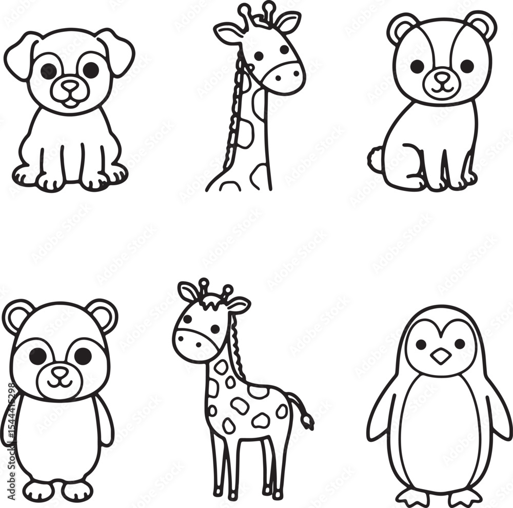 Obraz premium Adorable Cartoon Animal Illustrations Puppy, Giraffe, Polar Bear, Panda, Penguin Drawings