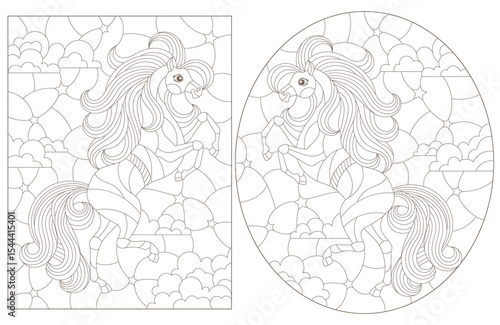 A set of contour illustrations in the style of a stained glass window with cute horses, dark outlines on a white background
