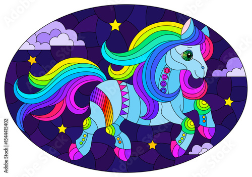 An illustration in the style of a stained glass window with a cute horse on the background of a night sky with stars and clouds