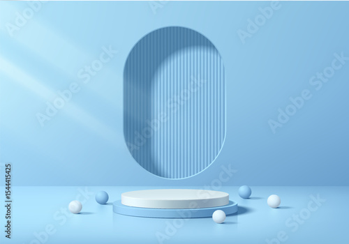 Blue podium 3D background with vertical pattern in round window wall. Abstract composition minimalist design. 3D Studio display showroom cosmetic product pedestal, Fashion stage showcase mockup scene.
