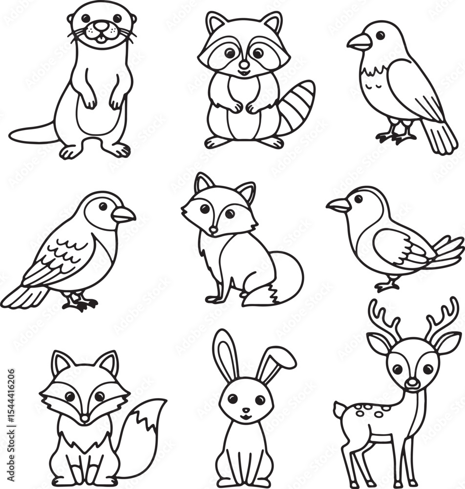 Naklejka premium Adorable Woodland Creatures Line Art Illustrations of Forest Animals