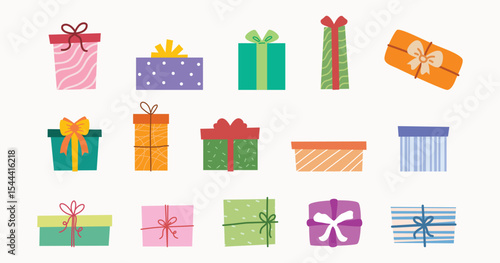 Collection of colorful gift boxes with various patterns and ribbons.