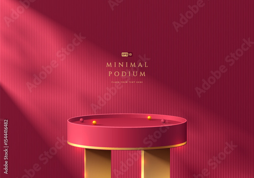 Dark red podium 3d background , Golden legs with natural light. Luxury abstract geometric composition minimalist design. Studio display showroom product pedestal, Fashion stage showcase mockup scene.