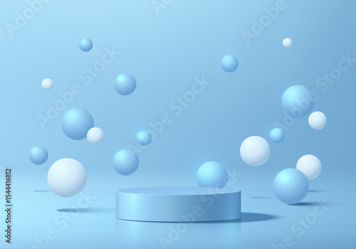 Blue round podium 3D background with many bouncing white sphere ball. Abstract geometric composition in minimalist design. Studio display showroom product pedestal, Fashion stage showcase mockup scene