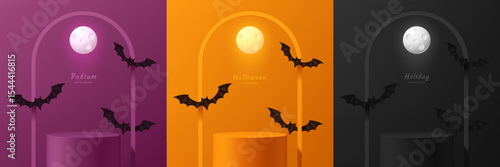 Set of 3D orange, purple and black podium background in Halloween festival with flying bat. Abstract minimalist design. 3D Studio display showroom stands product pedestal, Stage showcase mockup scene.