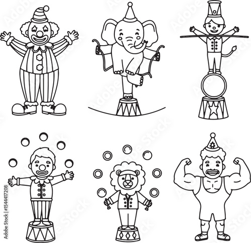 Circus Performers  Clowns, Elephants, Strongmen, Jugglers, and Lion Tamers - Fun Black and White Illustrations