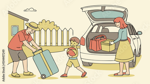 Family preparing for a trip loading luggage and items into the car trunk in a suburban setting outside home