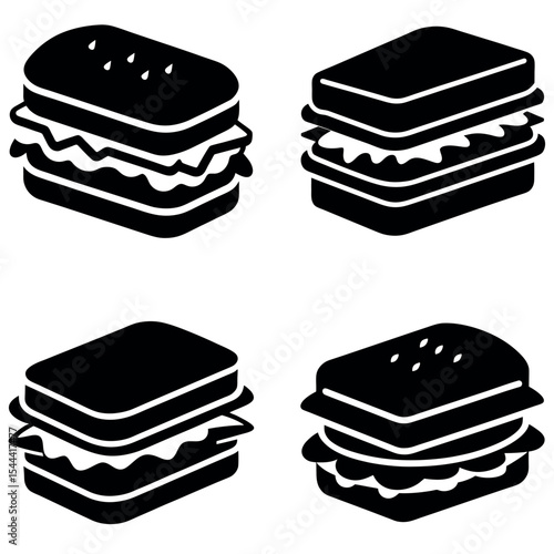 Four Silhouette Sandwiches Featuring Two Slices of Bread with Fillings, Isolated on White