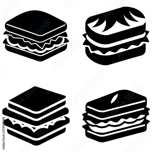 Black and White Silhouettes of Four Isometric Sandwiches with Different Bread and Fillings
