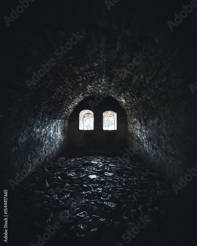Moody interior of a dark, ancient stone chamber illuminated by soft natural light through two small windows. The rough, uneven stone floor and arched ceiling add to the mysterious, medieval atmosphere