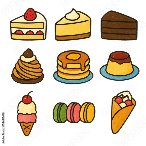 カフェの人気のスイーツのイラストセット