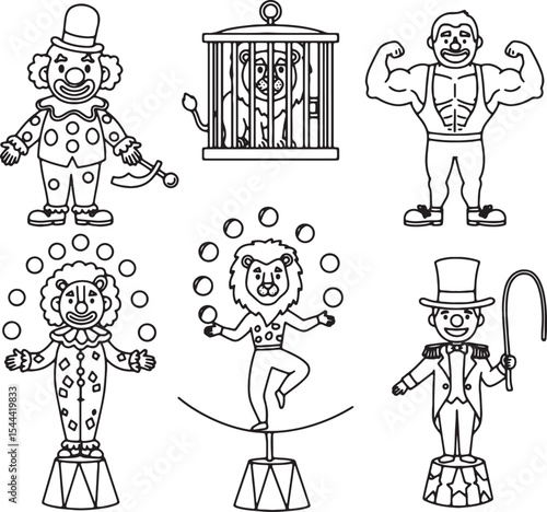 Circus Performers Clowns, Strongman, Lion Tamer, and Lion Juggling - Black and White Line Art Illustrations