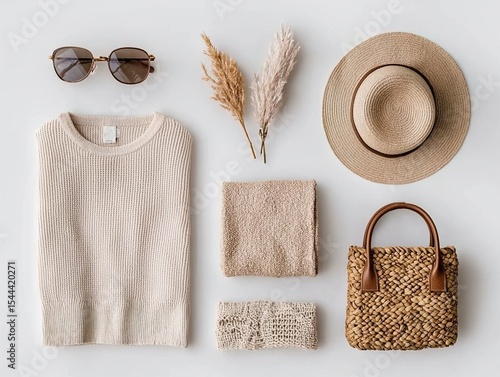 Wallpaper Mural high-quality photograph, minimalist fashion flat lay of beige linen clothes, straw hat, and woven handbag on white background. Generative AI Torontodigital.ca