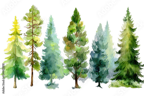 Watercolor forest of pine trees