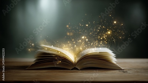 An enchanting open book emitting magical sparks illuminating the dark background