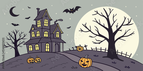 A haunted house on a hill with pumpkins, bats, moon and bare trees in a spooky scene