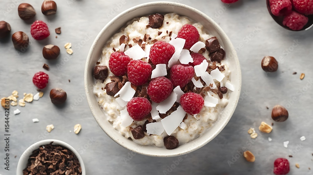 Healthy oatmeal topped with coconut flakes, raspberries, and hazelnuts Healthy oatmeal topped with coconut flakes, raspberries, and hazelnuts