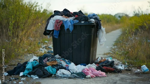 Wallpaper Mural A black trash bin overflowing with discarded clothes, The pile of garments in a waste disposal area, symbolizing waste and overconsumption	
 Torontodigital.ca