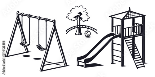 Black and White Playground Equipment Illustration: Swings, Slide, Tree
