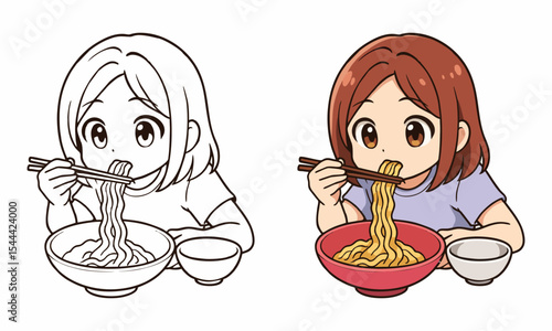 girl eat noodles coloring page for kids