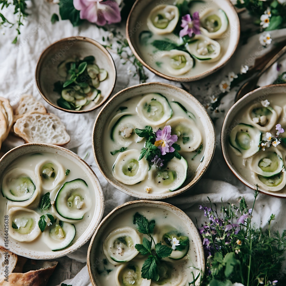 Exquisite cucumber soup arrangement with floral accents on rustic linen setting Exquisite cucumber soup arrangement with floral accents on rustic linen setting