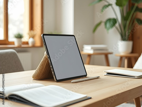 Wallpaper Mural Serene Home Office, A tablet and pen sit on a wooden desk with books and plants creating a calm workspace Torontodigital.ca